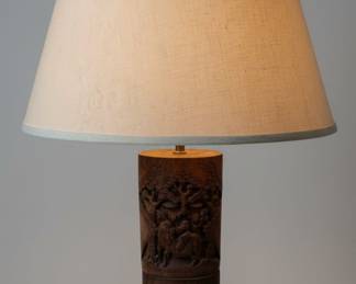 Carved Wood Asian Scene Table Lamp Style