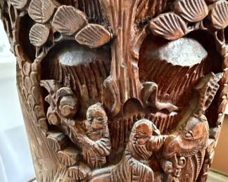 Carved Wood Asian Scene Table Lamp Style