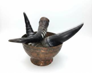 Set of Three Horn Drinking Vessels in Copper Bowl