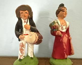 Assorted Santons de Provence Figurines Displayed in Wooden Shadow Box