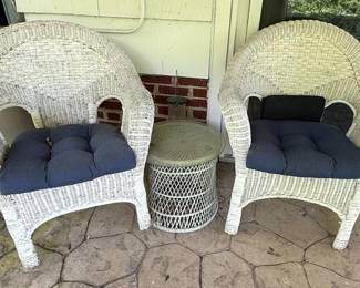 White Wicker Patio Chairs with Blue Cushions