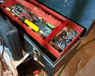 Vintage Metal Toolbox with Assorted Tools