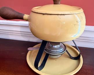 Yellow Enamel Fondue Pot with Teak Handles