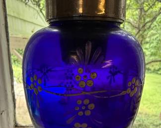 Cobalt Blue Glass Vase with Enamel Floral Decoration and Metal Lid