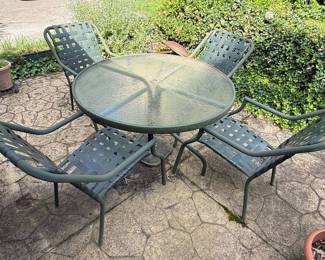 Brown Jordan Tamiami Style Green Metal Patio Dining Set with Glass Top Table