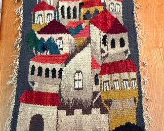 Woven Textile Wall Hanging Organizer and Village Scene Tapestry