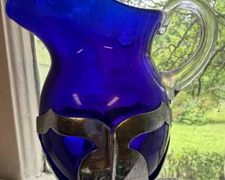 Farber Bros. New York Cobalt Blue Glass Pitcher with Silver Overlay
