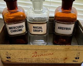 Vintage Apothecary Bottles with Benson's Candy Tin
