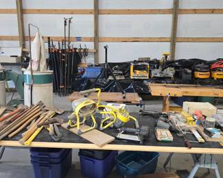 Pipe and bar clamps, DeWalt 734 planer, DeWalt 12" sliding miter saw, compressors and pneumatic nailers