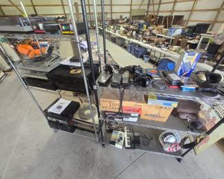 Vintage electronics including several turntables 
