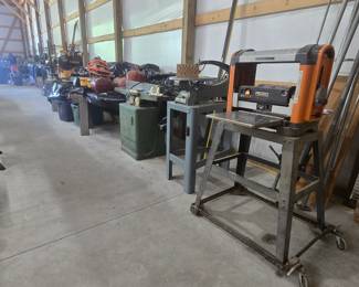 Woodworking hand and power tools. Powermatic 6" jointer, Ridgid 13" planer, Delta scroll saw.