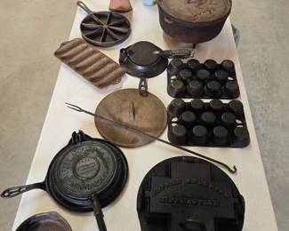 Wagner Ware wafer iron, Alfred Andressen Minneapolis Wafer maker with chimney, Alfred Andressen 2424 Kornucopia Krumbkake maker, Griswold muffin pans