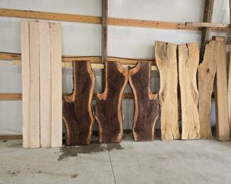 Bookmatched walnut slabs, curly maple, and spaulted maple slabs