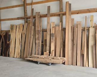 Cart of white oak flooring, hardwood lumber, spaulted maple slabs, walnut slabs, AAA Curly Maple lumber