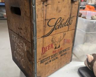Vintage Schells Picnic Bottle Case.  With "Stolen from OMC" written on the sides. Likely referring to the Owatonna Manufacturing Company.