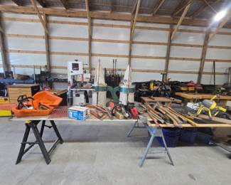 Sjoberg workbench, Stihl 036 & 009 chainsaws, axes, mauls, hatchets