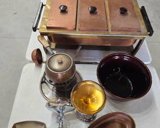 Farber Bros Krome Kraft pair, Fabulous MCM copper brass and ebony chafing dish set, Frankoma 