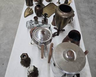 MCM coffee urn, fondue pot, brass vase