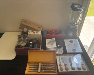 Williams Sonoma  knives, serving pieces, oster blender, new cookware