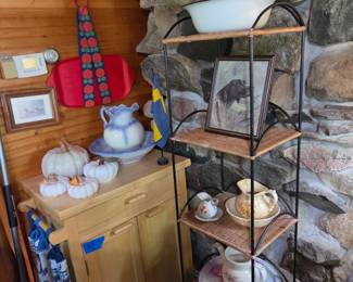4-tier shelf, pitchers and basins, wall decor, pumpkins