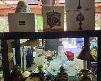stained glass lamps, clock, various lamps