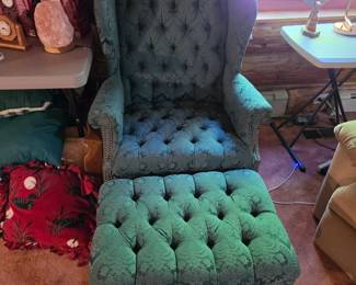 vintage Paul Robert green jacquard tufted wingback chair and matching ottoman