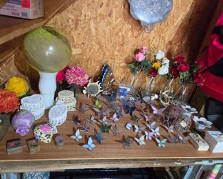 stained glass window ornaments, crochet boxes, faux bouqets