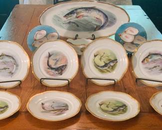 gorgeous Z S and Co. Mignon Bavaria porcelain fish service featuring hand painted scenes