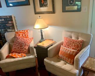 white club chairs--end tables--lamps