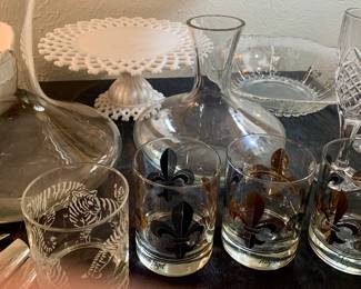 Mignon Faget drink glasses plus other vintage serving pieces including Fostoria