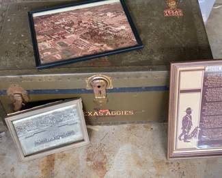 Early Texas A&M memorabilia including a foot locker with stickers and a 1945 Aggie  Stadium Picture