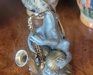 Frog Playing Saxophone Figurine Likely Pewter or Cast Metal