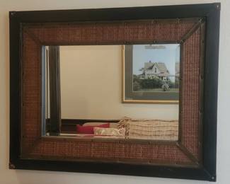 Woven Rattan and Dark Wood Framed Mirror with Metal Accents