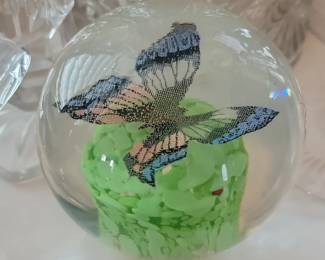 Glass Paperweight with Butterfly and Green Inclusions