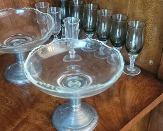 Glass Pedestal Compotes with Pewter Bases and Tinted Goblets