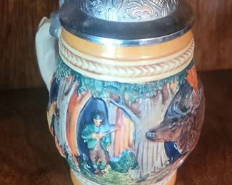 German Beer Stein with Hunting Scene and Fox Handle