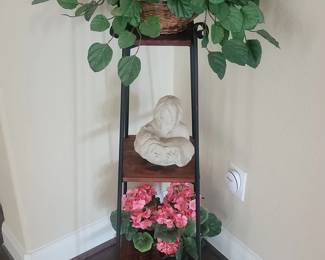 Tiered Wrought Iron Plant Stand with Bust and Faux Flowers
