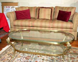 Sherrill Sofa, Brass & Glass Coffee Table