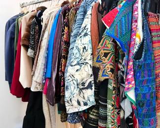 Women's clothing (mostly sizes M-L): silk kimono robes, Thai silk dress + coat, Guatemalan skirts, J Jill, Coldwater Creek, Chicos, Manta, denim, chambray, flannel, pants, sweaters, coats, vests, blazers