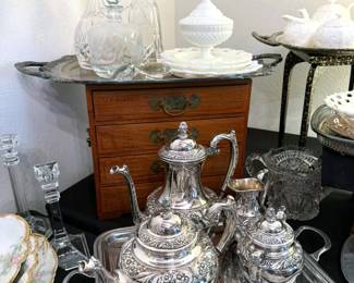 Serving wares including Heritage Roger Bros tea + coffee service set