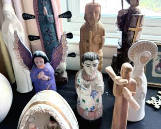 Religious art: Santos statues, crucifixes, angels, nativity scenes