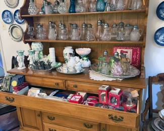 1930s maple china hutch; vintage syrup pitchers
