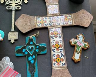 Religious art: Santos statues, crucifixes, angels, nativity scenes
