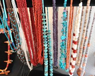 Native American heishi, coral + turquoise necklaces