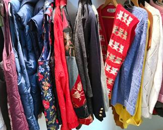 Women's clothing (mostly sizes M-L): silk kimono robes, Thai silk dress + coat, Guatemalan skirts, J Jill, Coldwater Creek, Chicos, Manta, denim, chambray, flannel, pants, sweaters, coats, vests, blazers