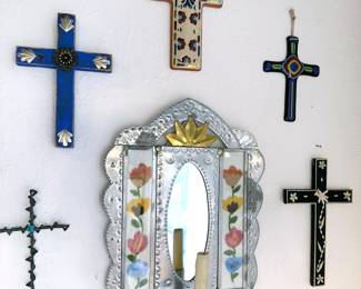 Religious art: Santos statues, crucifixes, angels, nativity scenes