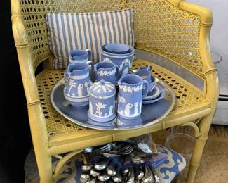 Wedgwood Jasperware, rattan chair
