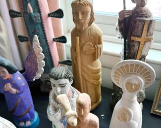 Religious art: Santos statues, crucifixes, angels, nativity scenes