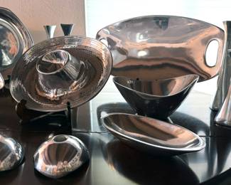 Nambe: wine holder, salad utensils, bowl, chip + dip server, punch bowl, candlesticks