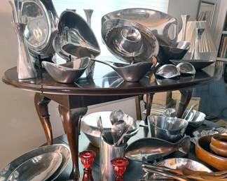 Nambe: wine holder, salad utensils, bowl, chip + dip server, punch bowl, candlesticks